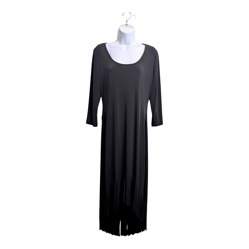 Calvin Klein Women Black Midi Dress Scoop Neck 3/4 Sleeve High Low Fringe Hem 12